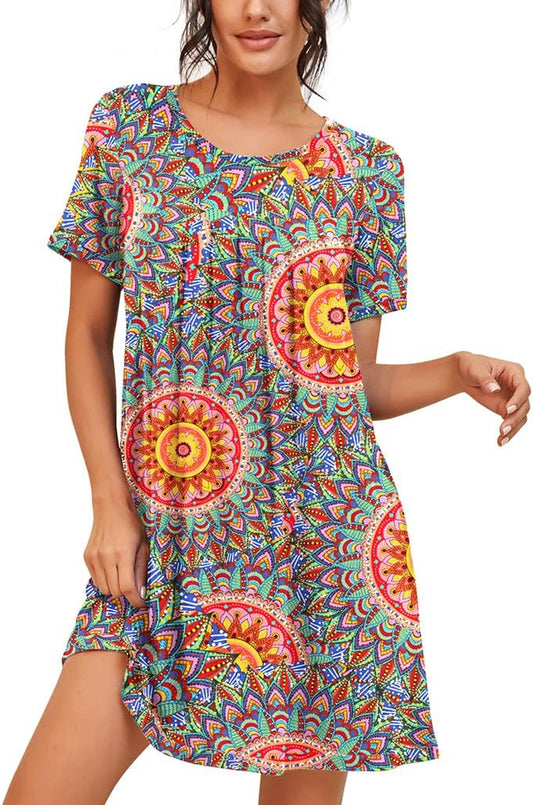 Womens Sleepwear Short Sleeve Nightgown Soft Sleepshirt Pleated Nightshirt Scoopneck Casual Loungewear